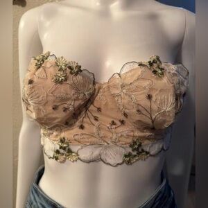 Zara Embroidered Floral Bandeau - Cream and Green